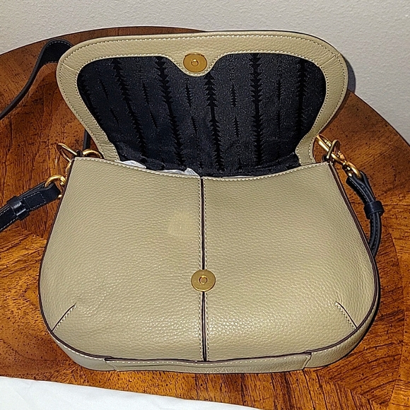 THACKER Leather Nola Shoulder/Crossbody Bag, Flap over, White/Taupe, NWT - Picture 10 of 16
